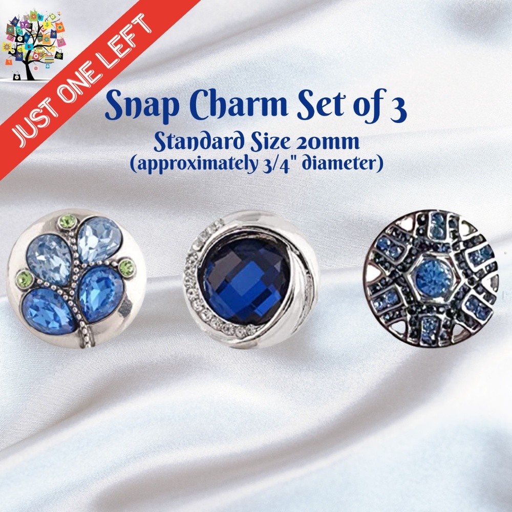 Snap Charm Colorful Blue Crystals Set of 3 Standard Size 20mm 3/4" Diame…